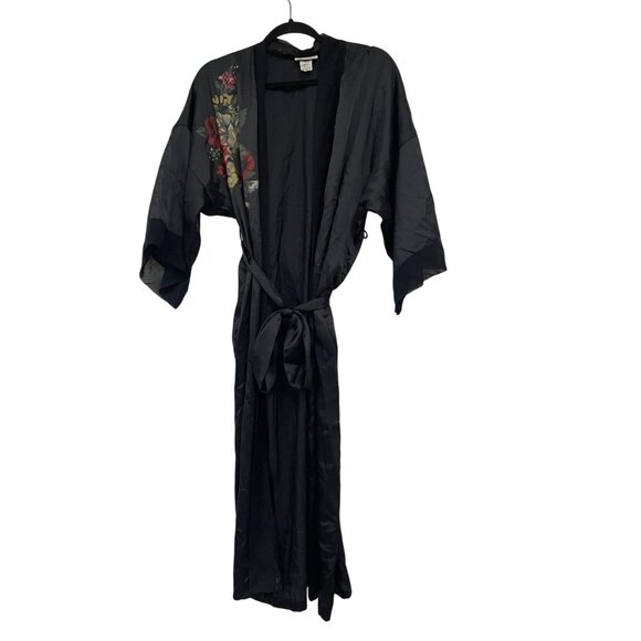 Vintage 70s Miss Dior Womens Robe Small S Black Floral Polyester Kimono Sleeves - Picture 1 of 8